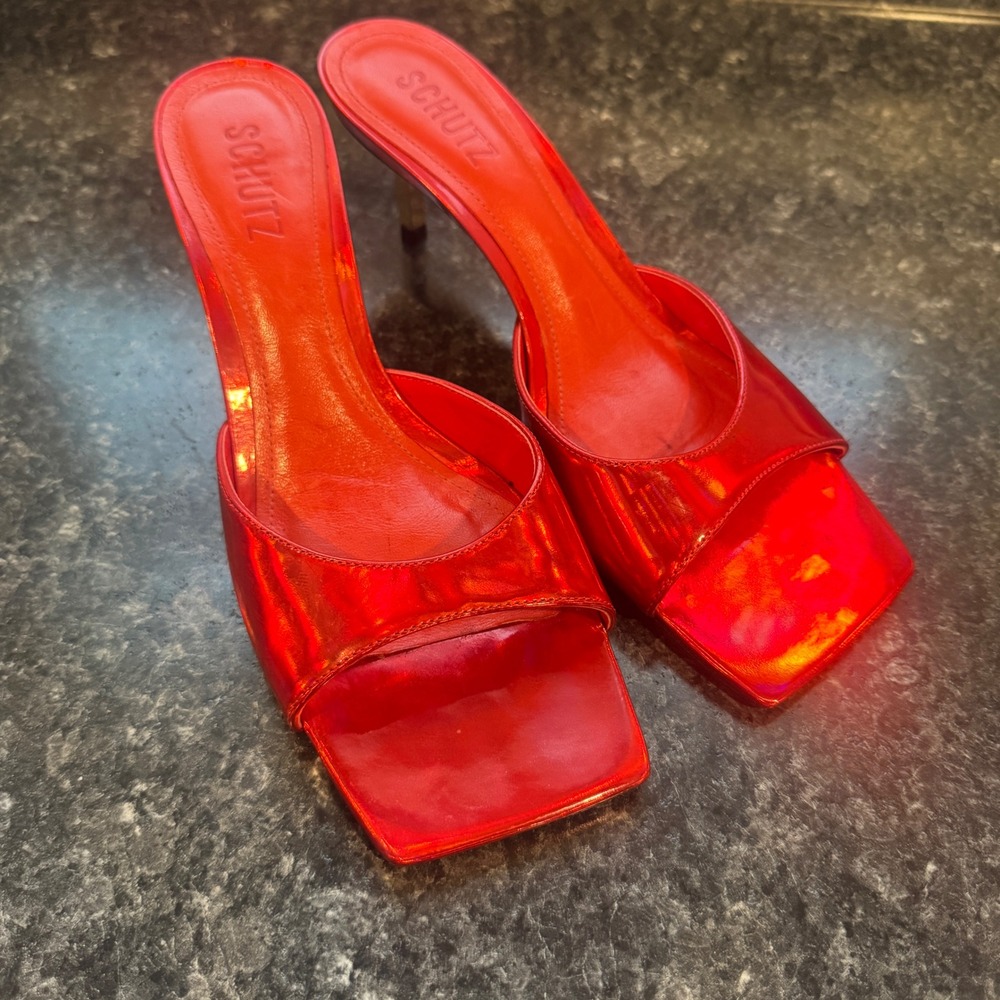 Schutz Red Metallic Leather Square Toe Mule Gold Stiletto‎ Heel Sandals 7.5B - Picture 3 of 9